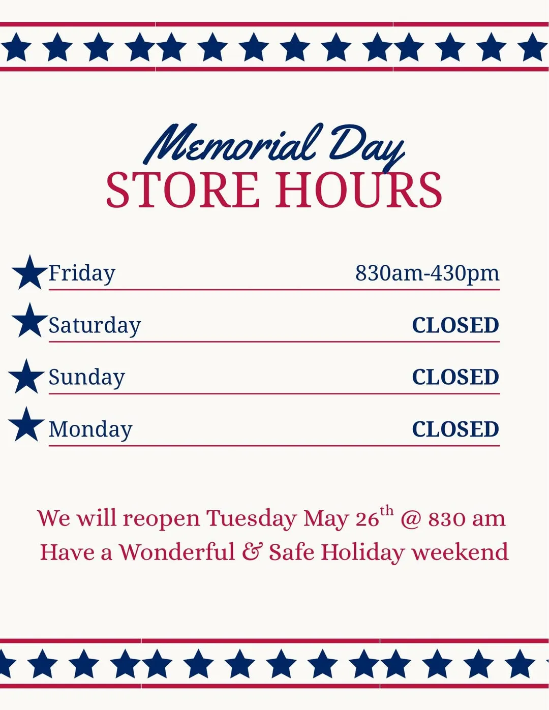 Memorial Day store hours flyer