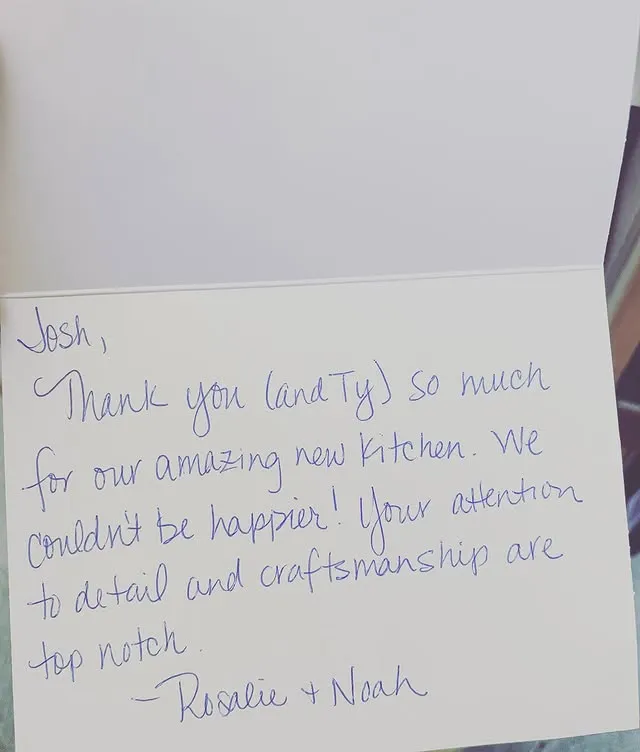 A handwritten thank-you card from Rosalie and Noah to Josh and Ty, thanking them for an amazing new kitchen.